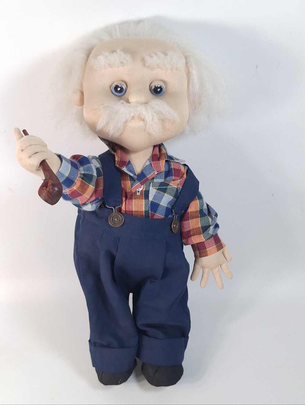Vintage Handmade Grandpa Cloth Doll Overalls Plaid Shirt Pipe Folk Art 13"